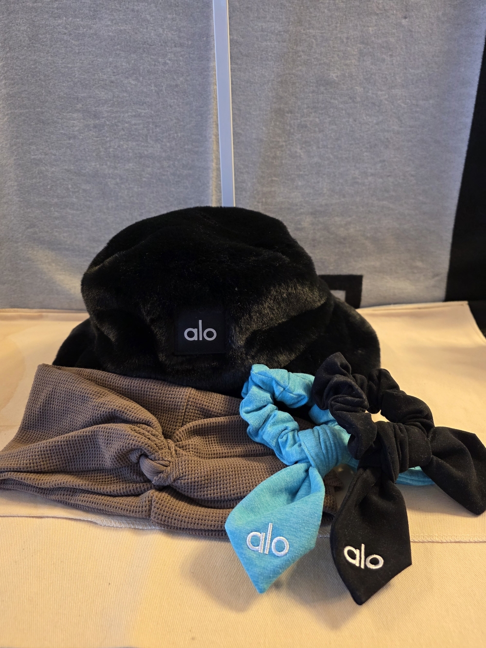 ALO Yoga Black Faux Fur Bucket Hat, Headband, Hair Ties